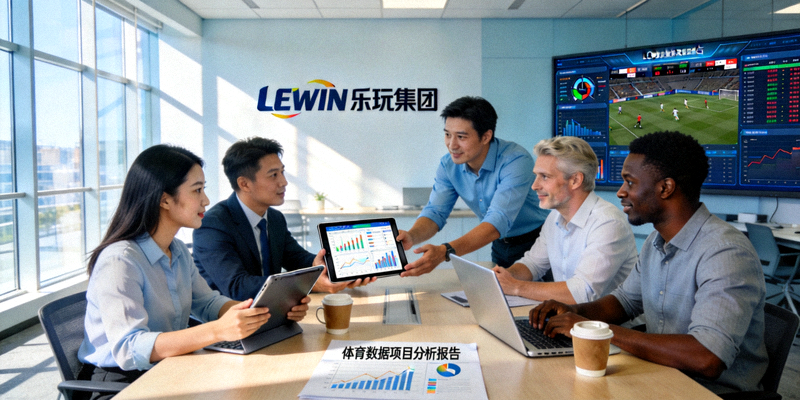 LEWIN乐玩集团国际化团队在现代化办公室中协作讨论体育数据项目的场景